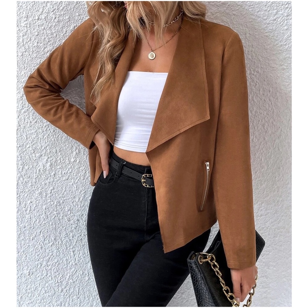 Luxe Rust Vegan Suede Open Front Jacket - Picture 3 of 5